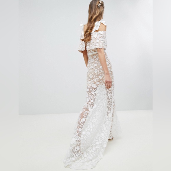 Jarlo Petite All Over Embroidered Lace Maxi Dress With Tie Shoulder Detail - Picture 3 of 8